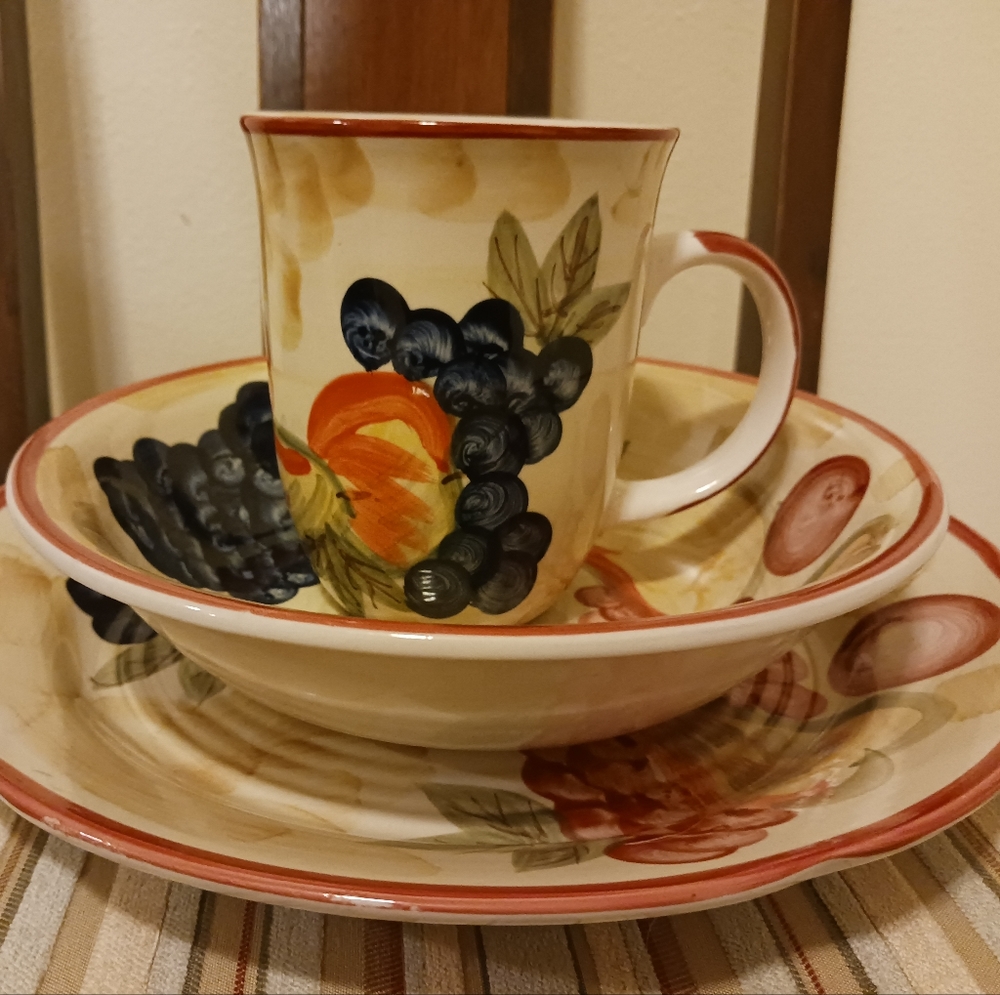 Plate, Bowl, Mug set. Royal Norfolk brand, hand-painted stoneware with fruit
